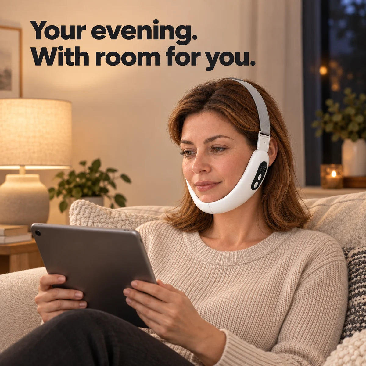 Woman sitting on a sofa in the evening reading a tablet, wearing the white ChinRescue contour band hands-free