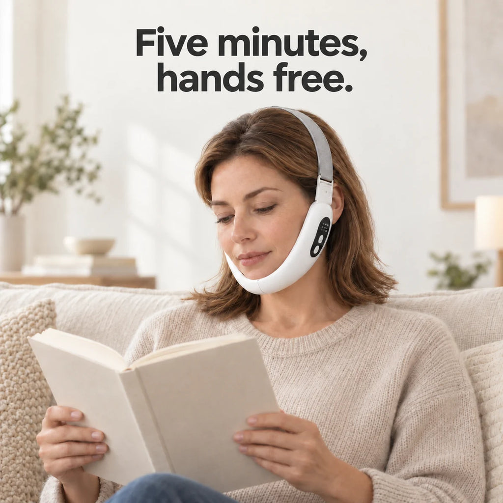 Woman reading a book with both hands free while wearing the ChinRescue contour band