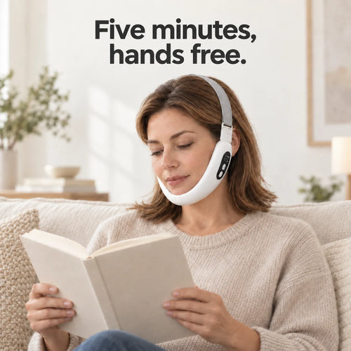 Woman reading a book with both hands free while wearing the ChinRescue contour band