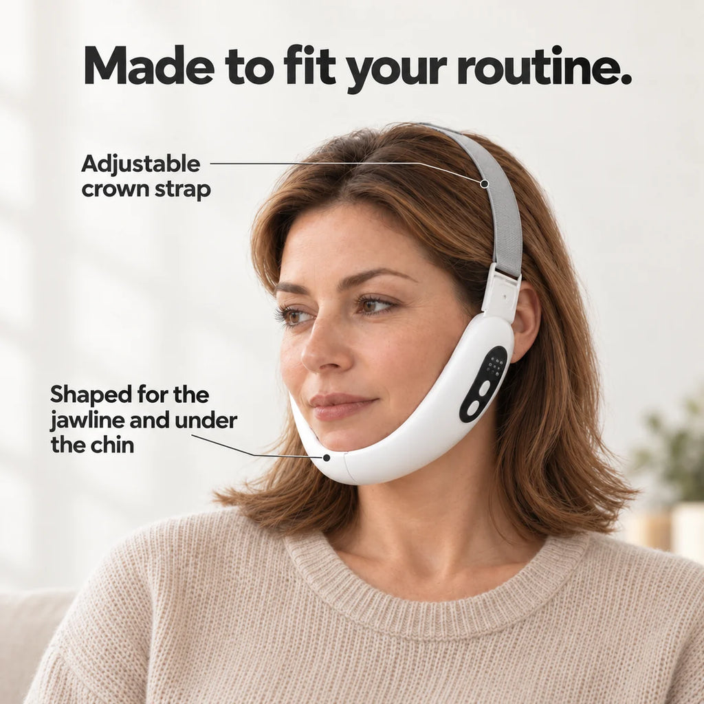 The ChinRescue band in profile, labelled adjustable crown strap and shaped for the jawline and under the chin