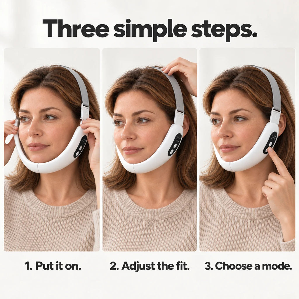 Three photographs showing the ChinRescue band being put on, the fit adjusted, and a mode selected