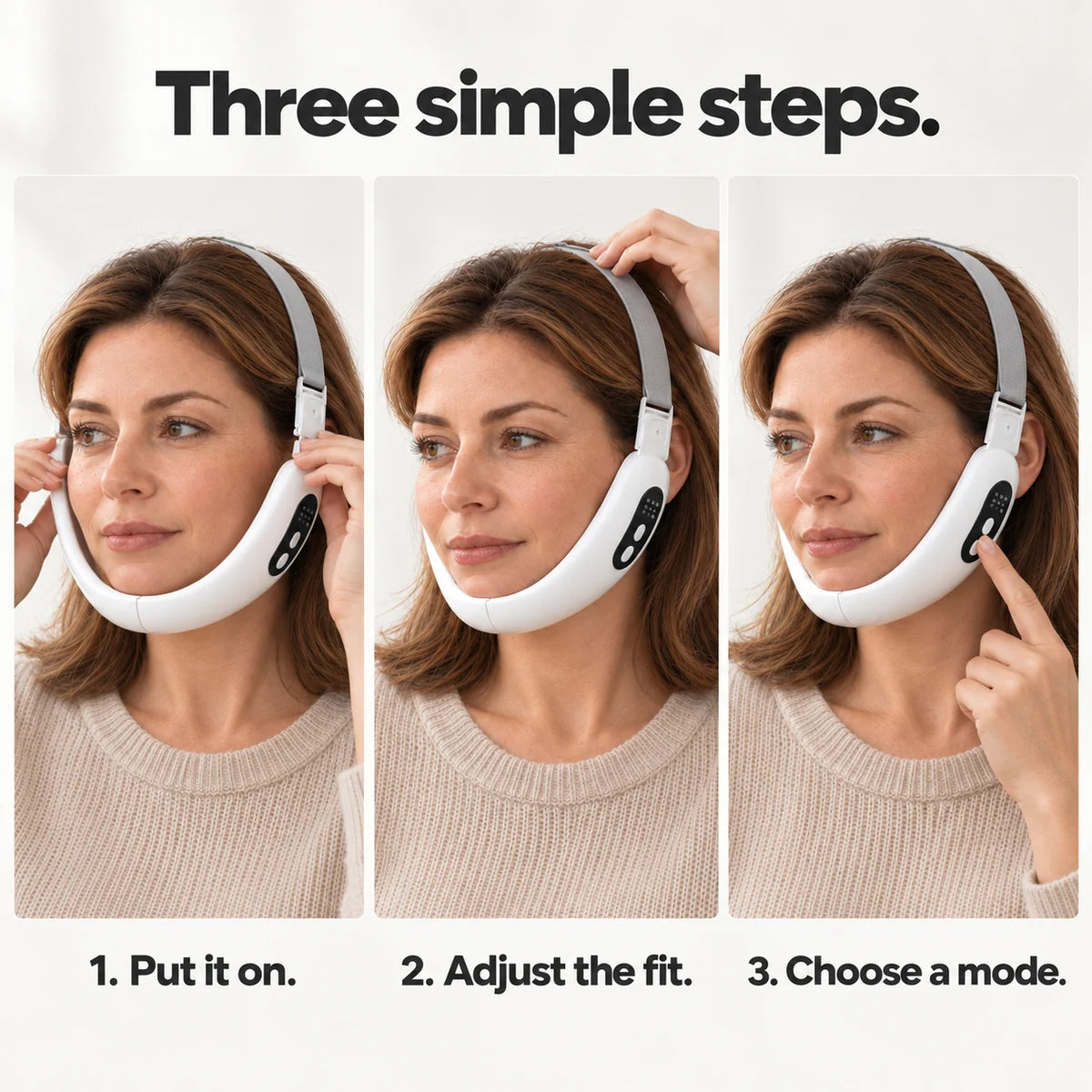 Three photographs showing the ChinRescue band being put on, the fit adjusted, and a mode selected