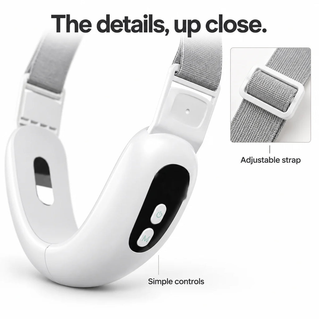 Close view of the ChinRescue band showing the adjustable grey strap and the two-button control area