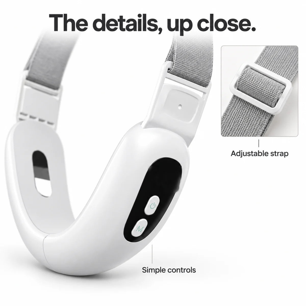 Close view of the ChinRescue band showing the adjustable grey strap and the two-button control area