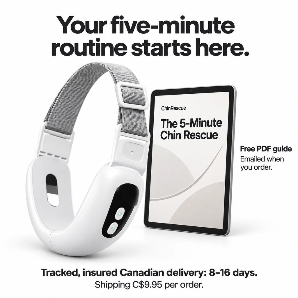The ChinRescue band beside a tablet showing the free 5-Minute Chin Rescue guide, with Canadian delivery details